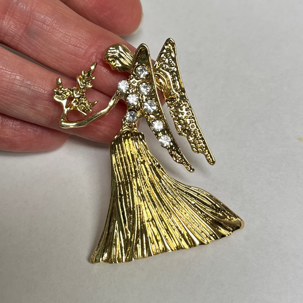 Brooch, Angel, golden w/ rhinestones. NIP, 2”x1.5”, w/ black display case
